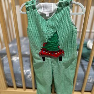Lil Cactus Baby Boys Green Gingham Christmas Truck & Tree Overalls Size 12-18M